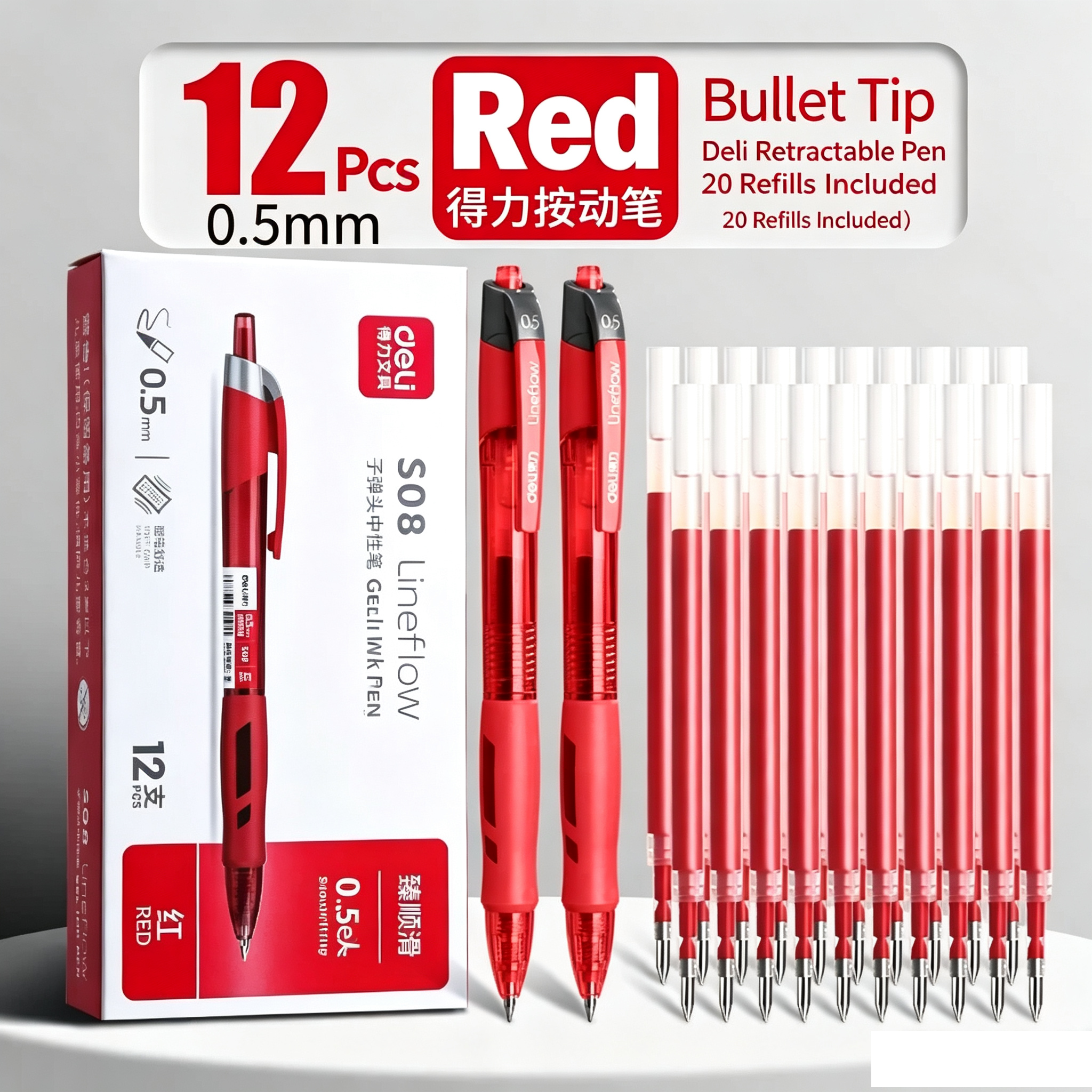 Retractable Red Gel Pens 12 Pack 0.5mm Bullet Tip with 20 Refills, Smooth Ink Pens for Student Office Supplies