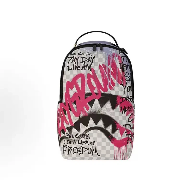 Sprayground Graffiti Slogan Shark Backpack Pink Black Waterproof Laptop School Travel Bag