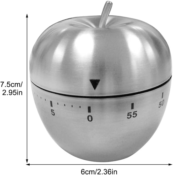 Mechanical Kitchen Timer 60 Minutes, Apple-Shaped Wind Up Timer (No Batteries), Manual Analog Cooking Timer with Loud Ring for Baking, Eggs, and Meal Prep, Silver