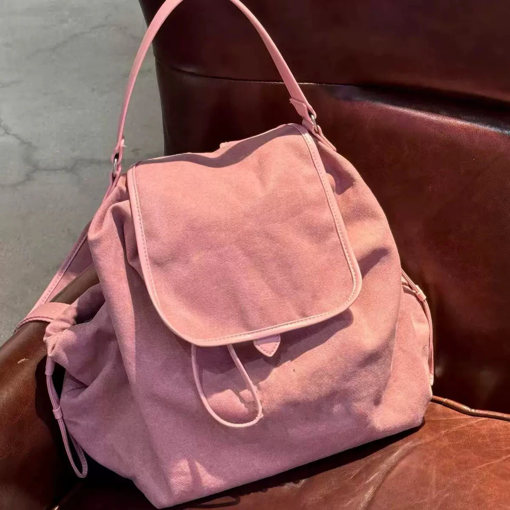Pink Canvas Backpack Pearl Rhinestone Trefoil Logo Drawstring Flip‑Cover Women Casual Daypack Travel School Backpack