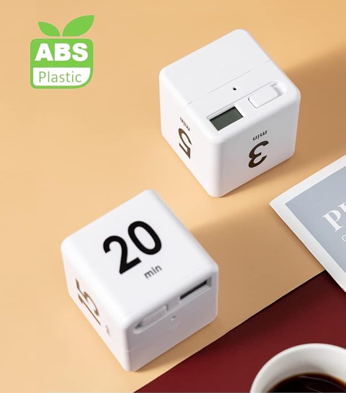 Feilifan Cube Timer, Productivity Cube Flip Timer for Kitchen Studying Workout Classroom Kids ADHD 15-20-30-60 Minute Preset, White