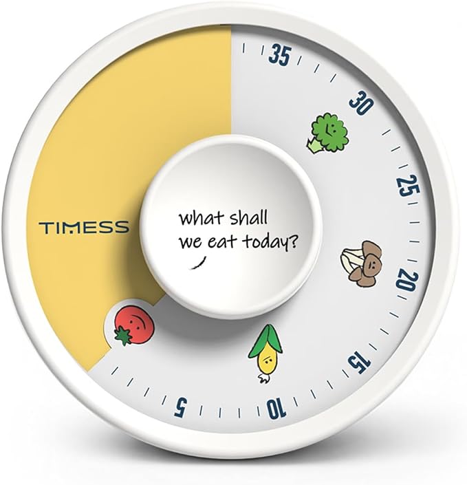 60-Minute Visual Timer, Twist to Set, Loud Battery-Powered Alarm, Easy Manual Rotary Countdown Dial for Kitchen Cooking, Baking, Meal Prep & Home Use (White Food Icons)