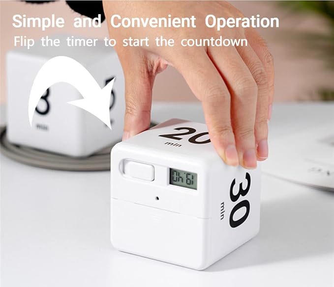 Feilifan Cube Timer, Productivity Cube Flip Timer for Kitchen Studying Workout Classroom Kids ADHD 15-20-30-60 Minute Preset, White