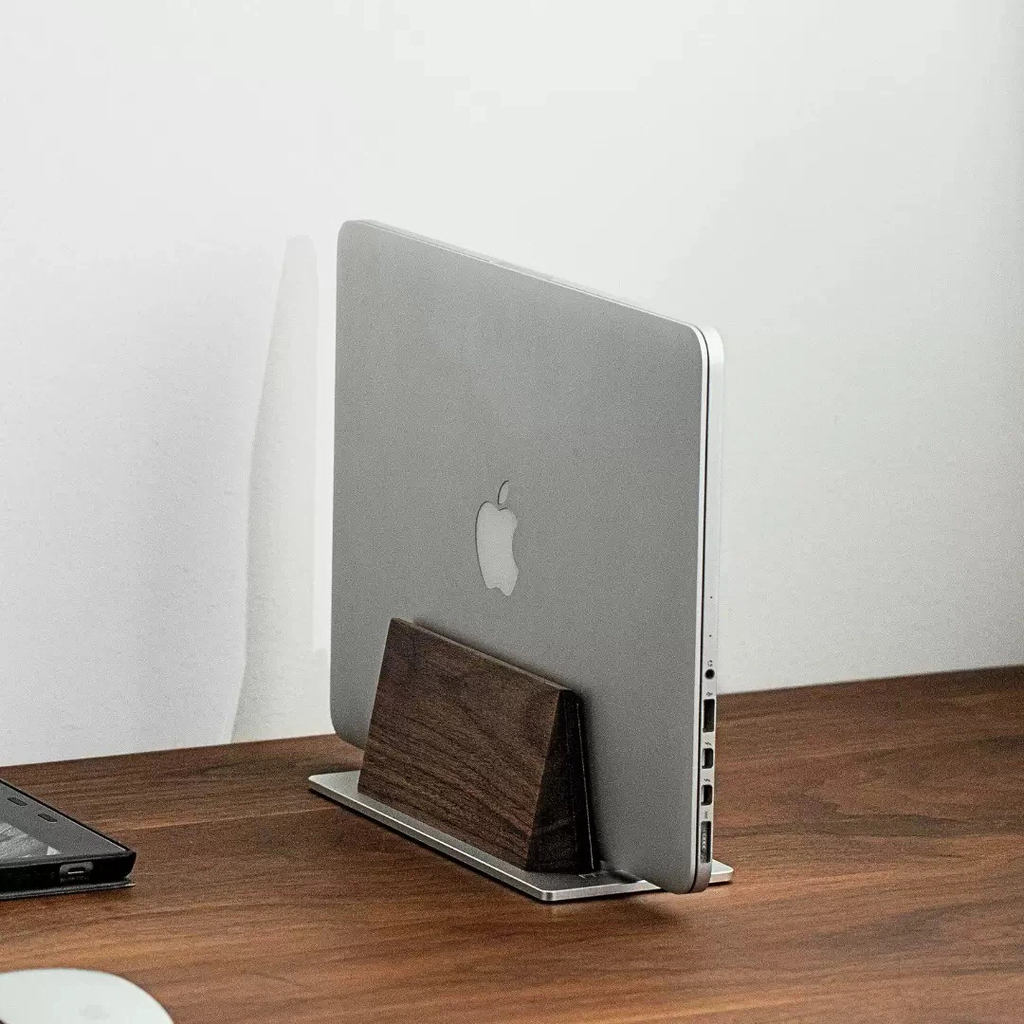 Wood & Aluminum Vertical Laptop Stand Dual‑Slot Desktop Notebook Holder