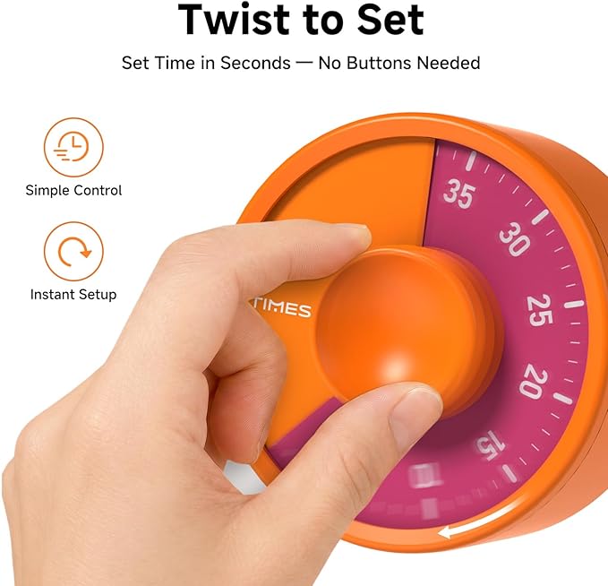 60-Minute Visual Timer, Twist to Set, Loud Battery-Powered Alarm, High-Visibility Rotary Countdown Dial for Kitchen, Work, Study & Time Management (Orange)