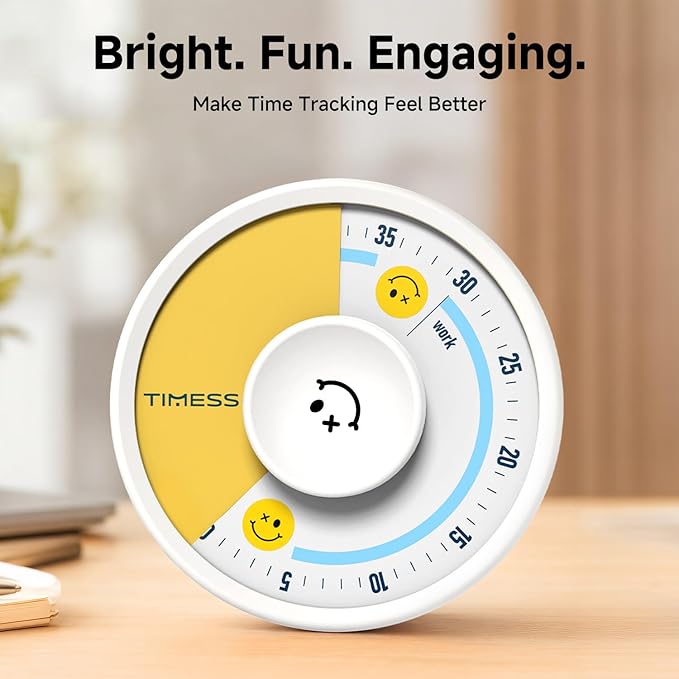 60-Minute Visual Timer, Twist to Set, Loud Battery-Powered Alarm, Manual Rotary Countdown Dial for Study, Focus, Classroom, Office & Home Time Management (White Smile)