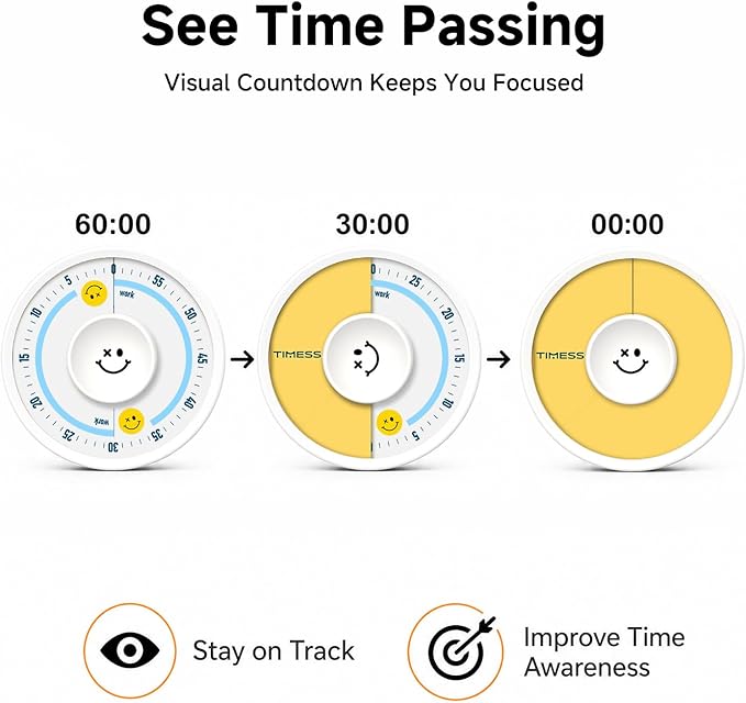 60-Minute Visual Timer, Twist to Set, Loud Battery-Powered Alarm, Manual Rotary Countdown Dial for Study, Focus, Classroom, Office & Home Time Management (White Smile)