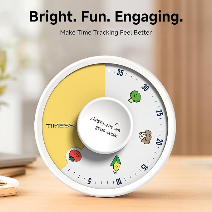 60-Minute Visual Timer, Twist to Set, Loud Battery-Powered Alarm, Easy Manual Rotary Countdown Dial for Kitchen Cooking, Baking, Meal Prep & Home Use (White Food Icons)