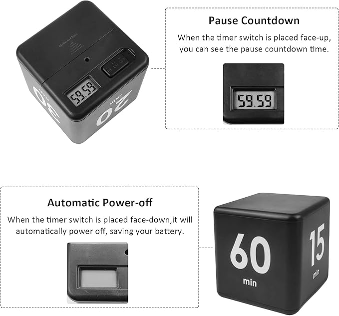 Feilifan Flip Timer, Productivity Cube Timer for Kitchen Studying Workout Classroom Kids ADHD 15-20-30-60 Minute Preset, Black
