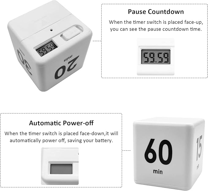 Feilifan Cube Timer, Productivity Cube Flip Timer for Kitchen Studying Workout Classroom Kids ADHD 15-20-30-60 Minute Preset, White