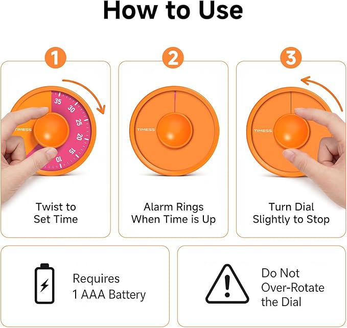 60-Minute Visual Timer, Twist to Set, Loud Battery-Powered Alarm, High-Visibility Rotary Countdown Dial for Kitchen, Work, Study & Time Management (Orange)