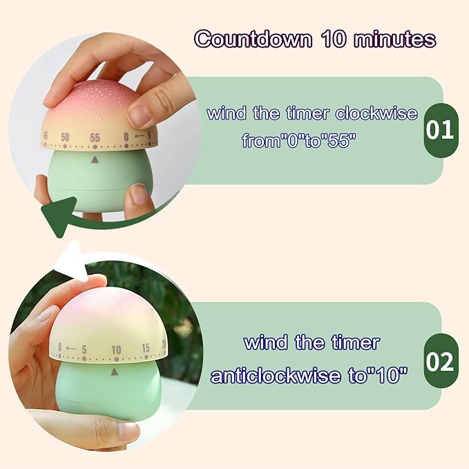 Mechanical Kitchen Timer, Cute Mushroom Timer for Kids, Wind Up 60 Minute Manual Countdown Timer for Classroom, Home, Study and Cooking (Grey Base)