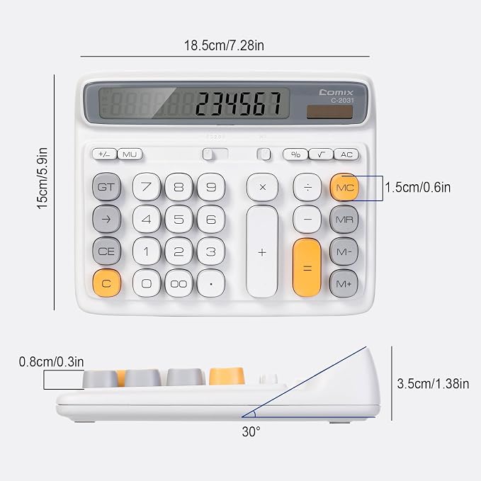 Comix Desktop Calculator, 12 Digits Large Button Desk Calculator, White | Solar Battery Dual Power, Large LCD Display, Computer Keys, 4 Function Basic Calculator for Office Business Home Use