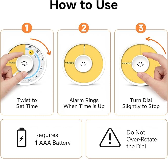 60-Minute Visual Timer, Twist to Set, Loud Battery-Powered Alarm, Manual Rotary Countdown Dial for Study, Focus, Classroom, Office & Home Time Management (White Smile)
