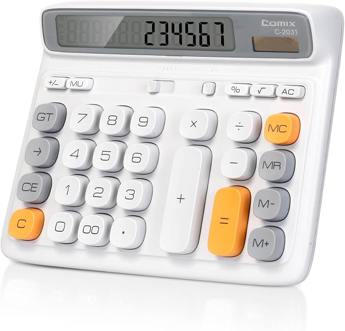 Comix Desktop Calculator, 12 Digits Large Button Desk Calculator, White | Solar Battery Dual Power, Large LCD Display, Computer Keys, 4 Function Basic Calculator for Office Business Home Use