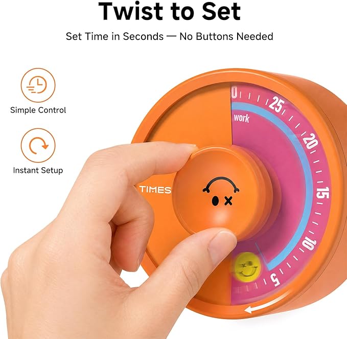 60-Minute Visual Timer, Twist to Set, Loud Battery-Powered Alarm, Bright Rotary Countdown Dial for Focus, Study, Classroom, Office & Home (Orange Smile)