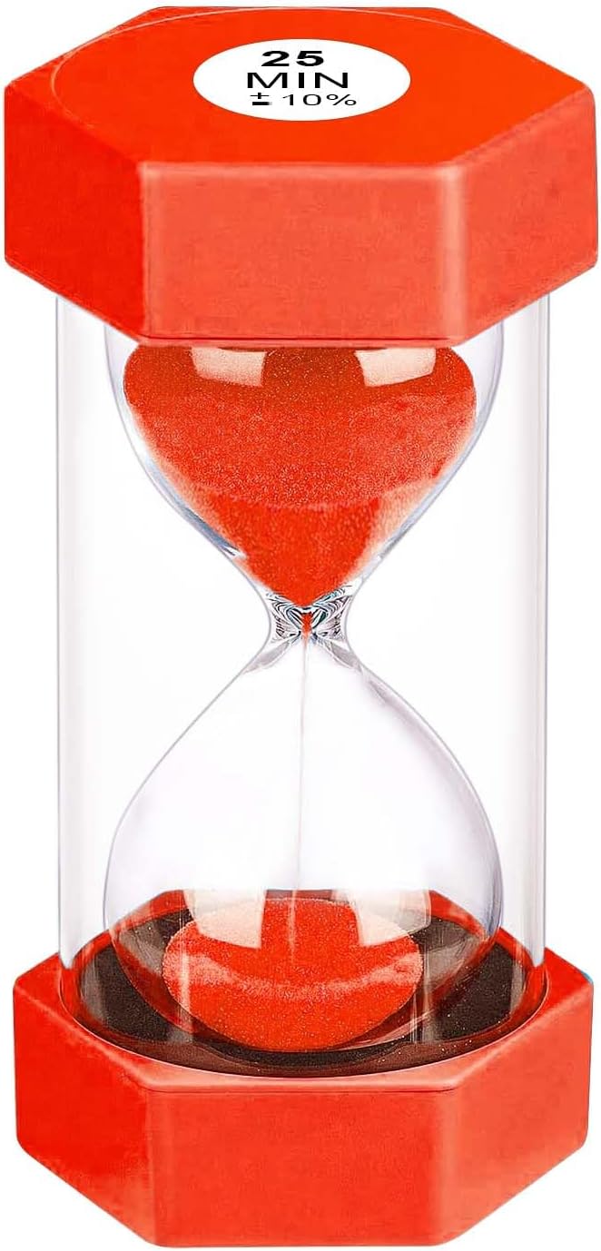 25 Minute Hourglass Sand Timer, Plastic Sandglass Watch Timer, Unbreakable Red Sand Clock Hour Glass 25 Min for Classroom, Games (Red)