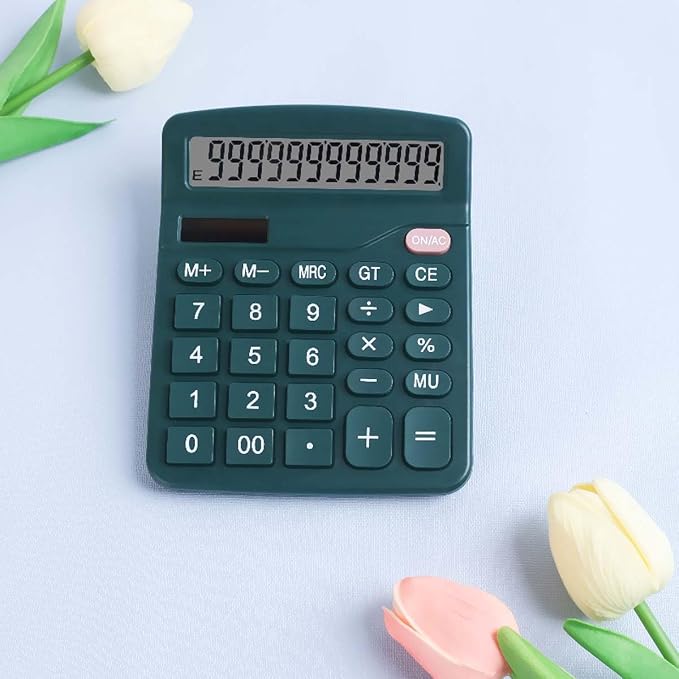 Office Desk Calculator - Dual Power Simple Financial Calculator with Big Button Large Display for Office, Home & School (Green)