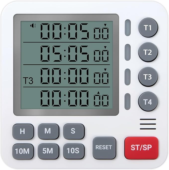 TPNEG Digital Kitchen Timer - 4-Channel Cooking Timer with Alarm, Magnetic Back, Loud & Silent Modes, Count Up/Down, Ideal for ovens, Seniors, Kids and classrooms, Replaceable AAA Battery