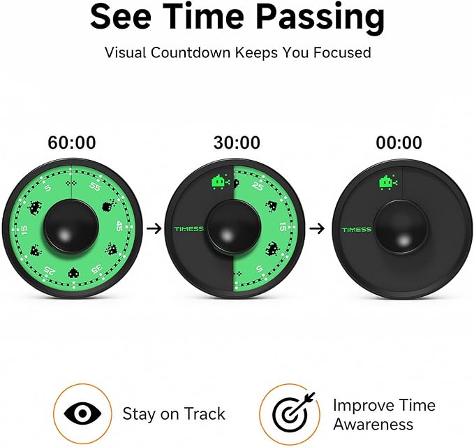 60-Minute Visual Timer, Twist to Set, Loud Battery-Powered Alarm, Minimalist Rotary Countdown Dial for Office, Study, Work & Home Time Management (Black)