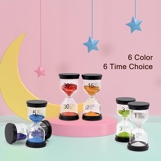 Sand Timer, Sand Timers Colorful 1/3/5/10/15/30 Minutes Sandglass Timer with Protective Cover for Classroom Home Office Cooking (Pack of 6) Multicolor
