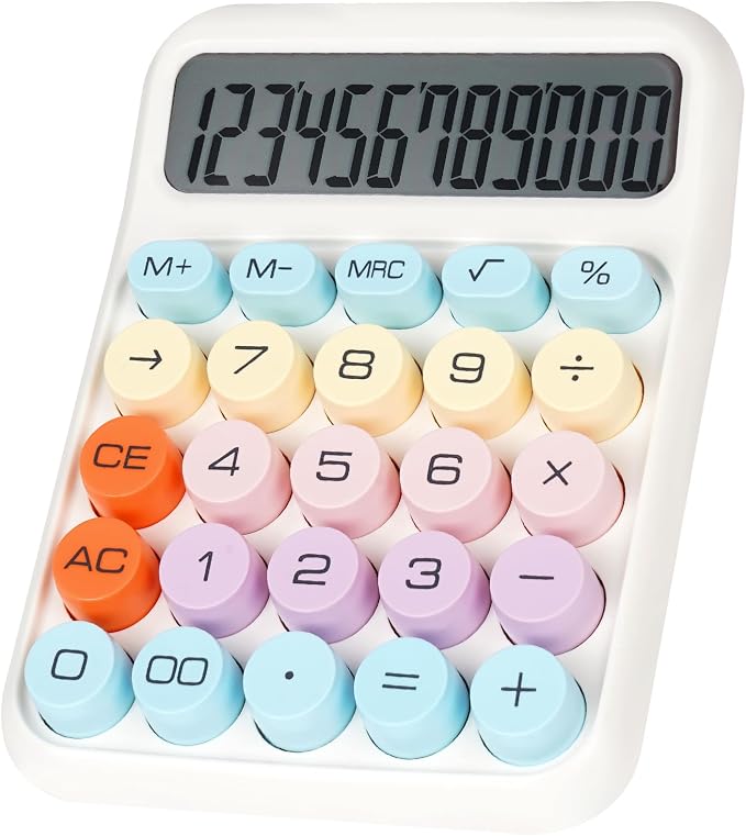Mechanical Switch Calculator with Big Buttons, Calculators Desktop | 12 Digits, Large LCD Display, Desk Calculator, Cute White Calculators for Teachers Students Basic Office (White)