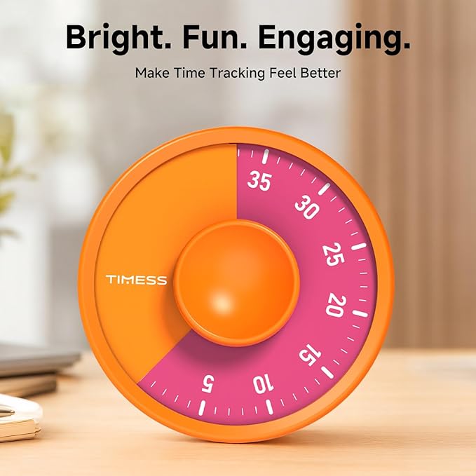 60-Minute Visual Timer, Twist to Set, Loud Battery-Powered Alarm, High-Visibility Rotary Countdown Dial for Kitchen, Work, Study & Time Management (Orange)
