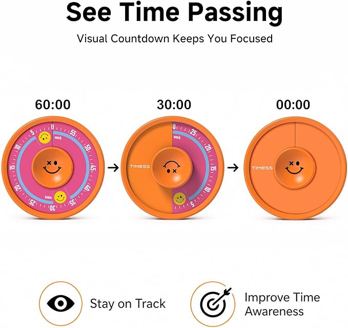 60-Minute Visual Timer, Twist to Set, Loud Battery-Powered Alarm, Bright Rotary Countdown Dial for Focus, Study, Classroom, Office & Home (Orange Smile)