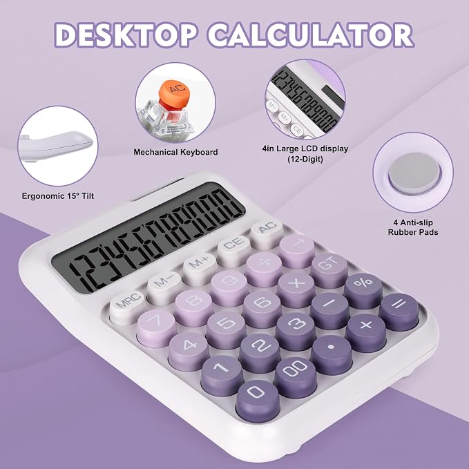 Mechanical Switch Calculator with Big Buttons, Calculators Desktop | 12 Digits, Solar Battery Power, Desk Calculator, Large LCD Display,Cute Purple Calculators for Teachers Students Basic Office