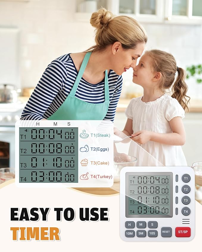 TPNEG Digital Kitchen Timer - 4-Channel Cooking Timer with Alarm, Magnetic Back, Loud & Silent Modes, Count Up/Down, Ideal for ovens, Seniors, Kids and classrooms, Replaceable AAA Battery