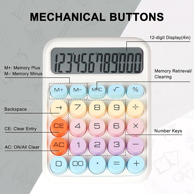 Mechanical Switch Calculator with Big Buttons, Calculators Desktop | 12 Digits, Large LCD Display, Desk Calculator, Cute White Calculators for Teachers Students Basic Office (White)