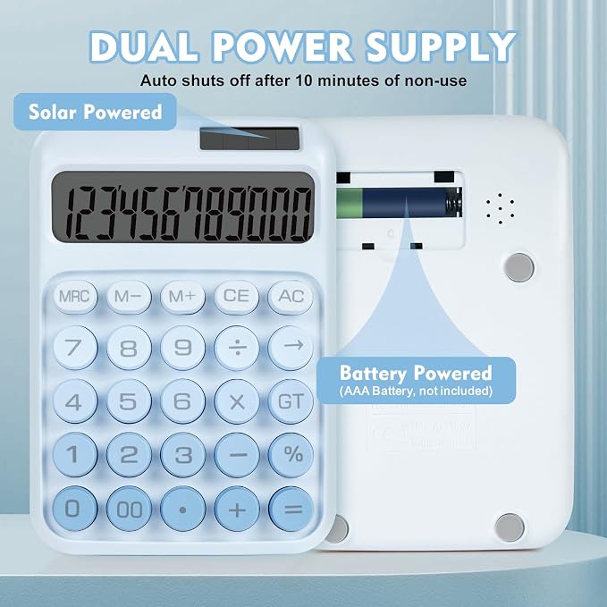 Mechanical Switch Calculator with Big Buttons, Calculators Desktop | 12 Digits, Solar Battery Power, Desk Calculator, Large LCD Display, Cute Blue Calculators for Teachers Students Basic Office
