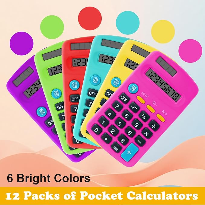 18 Pieces Pocket Calculators, Mini Calculators, Multicolor | 8 Digit Display Basic Calculator, Solar Battery Dual Power Function Calculator, for Students, Kids, Home and Office