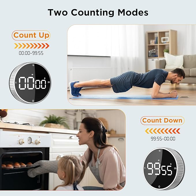 Upgrade Digital Kitchen Timer - Magnetic Countdown Countup Visual Pomodoro Timer with Large LED Display, 3-Preset Times (5, 15, 25), 3 Volume Levels, Ideal for Cooking, Baking and Fitness (2, Silver)