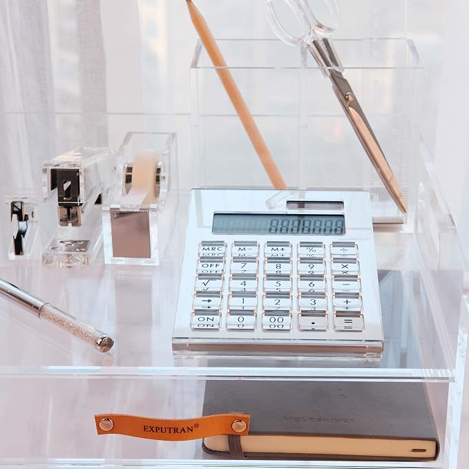 Acrylic Calculator with Stand, Battery and Solar Hybrid Powered Basic Calculator 12-Digit LCD Display,Home Office Desktop Accessories(Silver)