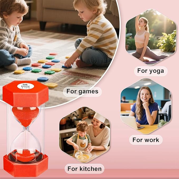 30 Minute Hourglass Sand Timer, Unbreakable Hexagon Sand Clock, Plastic Sand Watch 30 Min, Reloj De Arena 30 Minutos, Colorful Hour Glass Sandglass for Classroom Games(Red)