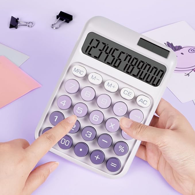 Mechanical Switch Calculator with Big Buttons, Calculators Desktop | 12 Digits, Solar Battery Power, Desk Calculator, Large LCD Display,Cute Purple Calculators for Teachers Students Basic Office