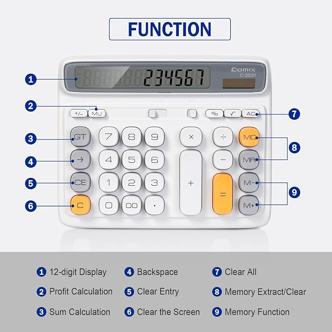 Comix Desktop Calculator, 12 Digits Large Button Desk Calculator, White | Solar Battery Dual Power, Large LCD Display, Computer Keys, 4 Function Basic Calculator for Office Business Home Use