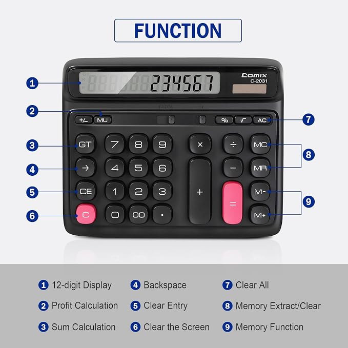 Comix Desktop Calculator, 12 Digits Large Button Desk Calculator, Black | Solar Battery Dual Power, Large LCD Display, Computer Keys, 4 Function Basic Calculator for Office Business Home Use