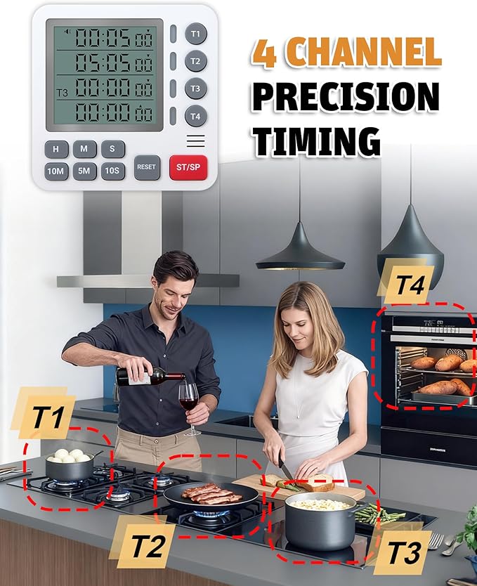 TPNEG Digital Kitchen Timer - 4-Channel Cooking Timer with Alarm, Magnetic Back, Loud & Silent Modes, Count Up/Down, Ideal for ovens, Seniors, Kids and classrooms, Replaceable AAA Battery