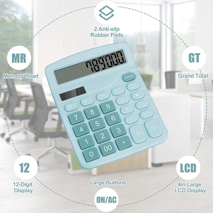 Desktop Calculator, Light Blue Calculator Big Buttons, 12-Digits | Large LCD Display, Solar and AA Battery Dual Power, Desk Calculators for Office Home School Business Class (Light Blue)