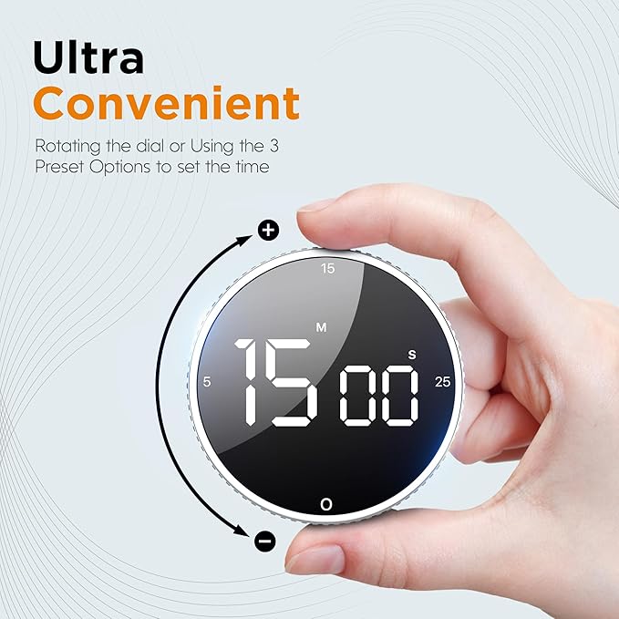 Upgrade Digital Kitchen Timer - Magnetic Countdown Countup Visual Pomodoro Timer with Large LED Display, 3-Preset Times (5, 15, 25), 3 Volume Levels, Ideal for Cooking, Baking and Fitness (2, Silver)