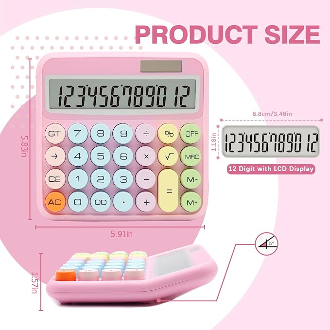 Pink Calculator, Solar Calculators Desktop, Big Button Calculator for Desk | Large Button Calculator with Large LCD Display, Powered by two Modes, Pink Desk Accessories for Offices, Schools and Homes
