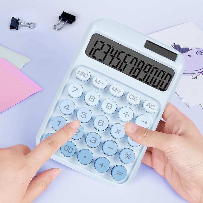 Mechanical Switch Calculator with Big Buttons, Calculators Desktop | 12 Digits, Solar Battery Power, Desk Calculator, Large LCD Display, Cute Blue Calculators for Teachers Students Basic Office
