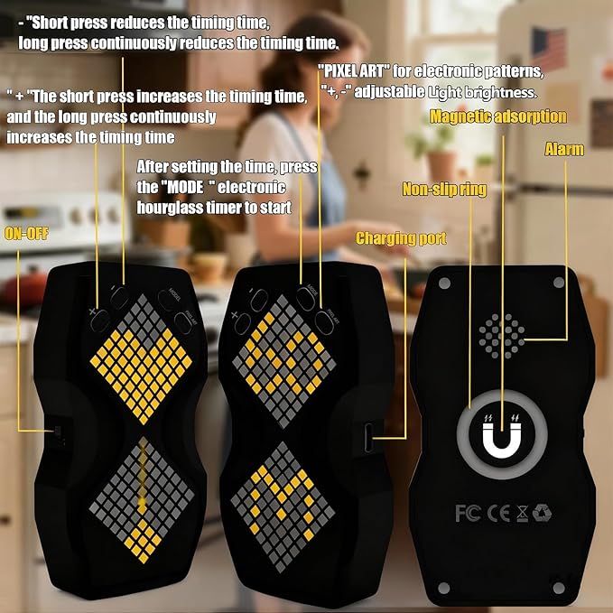 Visual Hourglass Timer, 1-60 Minute Countdown Magnetic Digital Timer, Buzzer Alert & Dimmable Night Light, Sand Timer for Kids Learning, Classroom, Cooking, Fitness,Kitchen(Black)