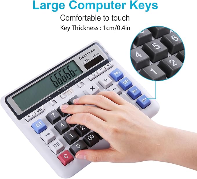 Comix Desktop Calculator, 12 Digits Large Button Desk Calculator, White | Solar Battery Dual Power, Large LCD Display, Computer Keys, 4 Function Basic Calculator for Office Business Home Use