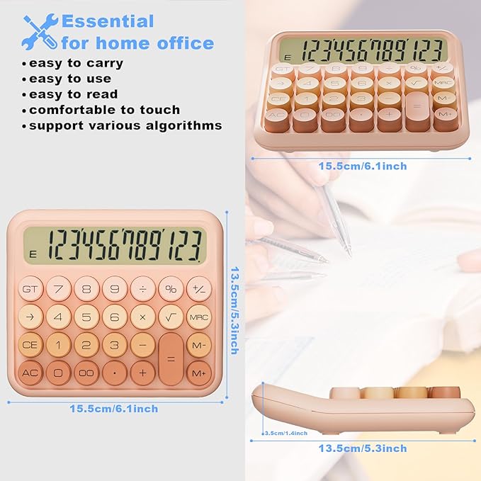 Mechanical Calculator 12 Digit Extra Large 5-Inch LCD Display, DECKLIT Battery Desk Calculator, Big Buttons Easy to Press Office Calculators Desktop, 15°Tilt Screen for Kids Calculator(Gradient Pink)