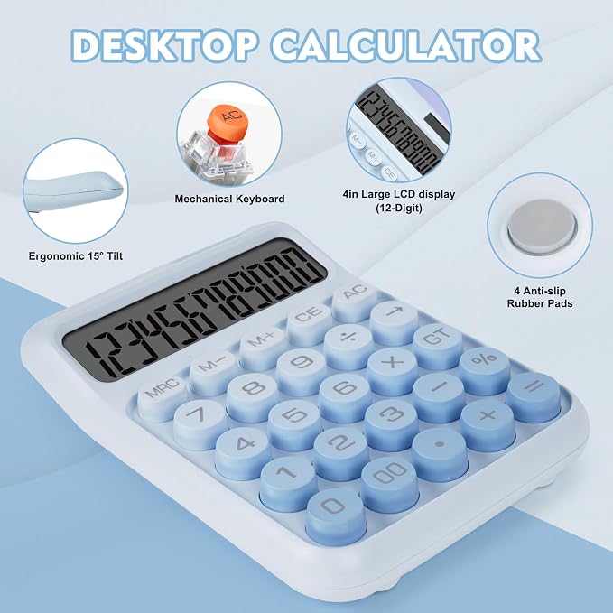Mechanical Switch Calculator with Big Buttons, Calculators Desktop | 12 Digits, Solar Battery Power, Desk Calculator, Large LCD Display, Cute Blue Calculators for Teachers Students Basic Office