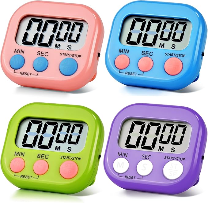 4 Pack Digital Kitchen Timer Magnetic Digital Timer with Big Display Loud Ring Cooking Timers for Kitchen Electronic Timer for Cooking, Game, Gym, Break Time, Classroom (Pink,Blue,Green,Purple, 4)