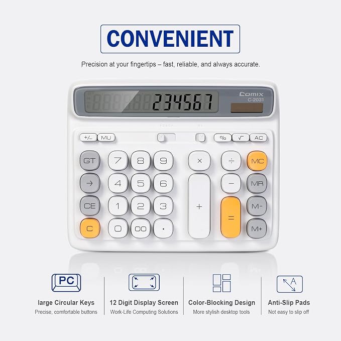 Comix Desktop Calculator, 12 Digits Large Button Desk Calculator, White | Solar Battery Dual Power, Large LCD Display, Computer Keys, 4 Function Basic Calculator for Office Business Home Use